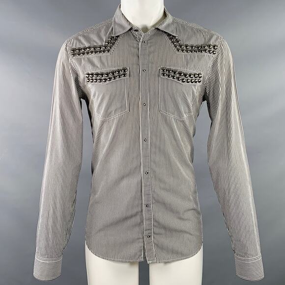 PIERRE BALMAIN Size M Silver Black White Stripe Studded Cotton Long Sleeve Shirt - Picture 1 of 7